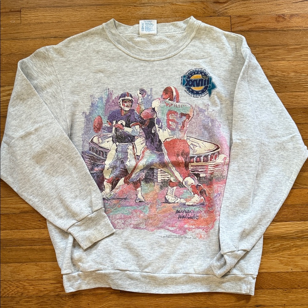 Vintage Super Bowl XXVIII Graphic Sweatshirt Richard Wallich cowboys bills art